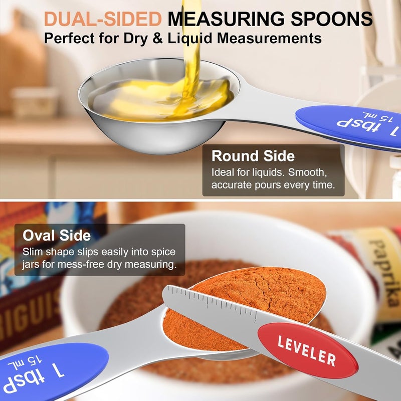 TopFeel 13-Piece Measuring Cups and Magnetic Spoons Set, 5 Stainless Steel Measuring Cups, 7 Double-Sided Magnetic Measuring Spoons & 1 Leveler for Cooking and Baking (5+7+1) - Image 3